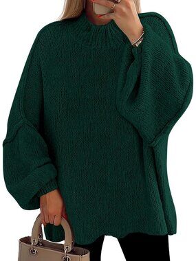 Women Dark Green Oversized Mock Neck Drop Shoulder Chunky Knit Slouchy Sweater